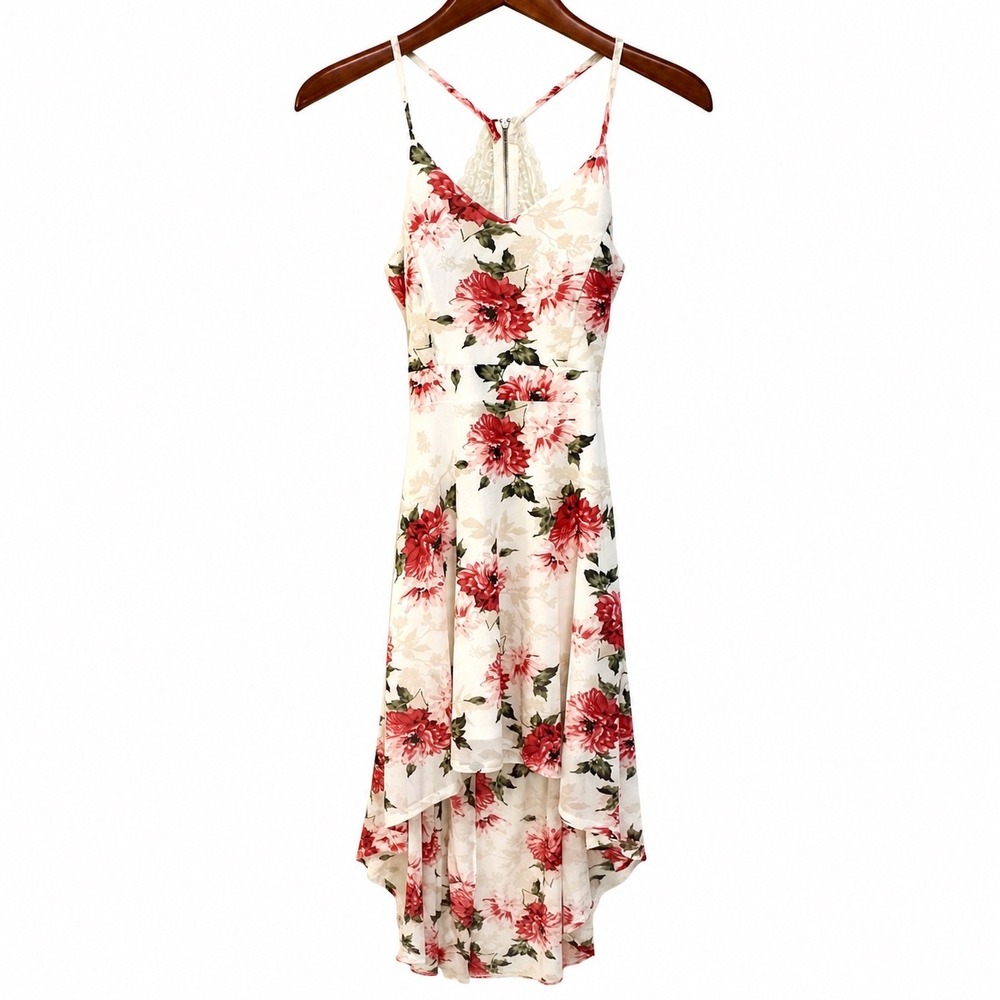 No Boundaries Red Floral High Low Lace Back Cutout Mesh Dress Medium 7-9